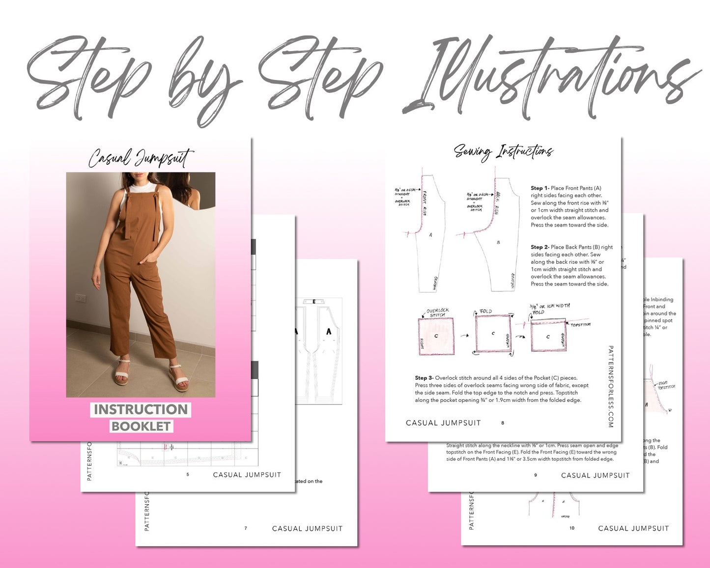 Casual Jumpsuit sewing pattern step by step illustrations.