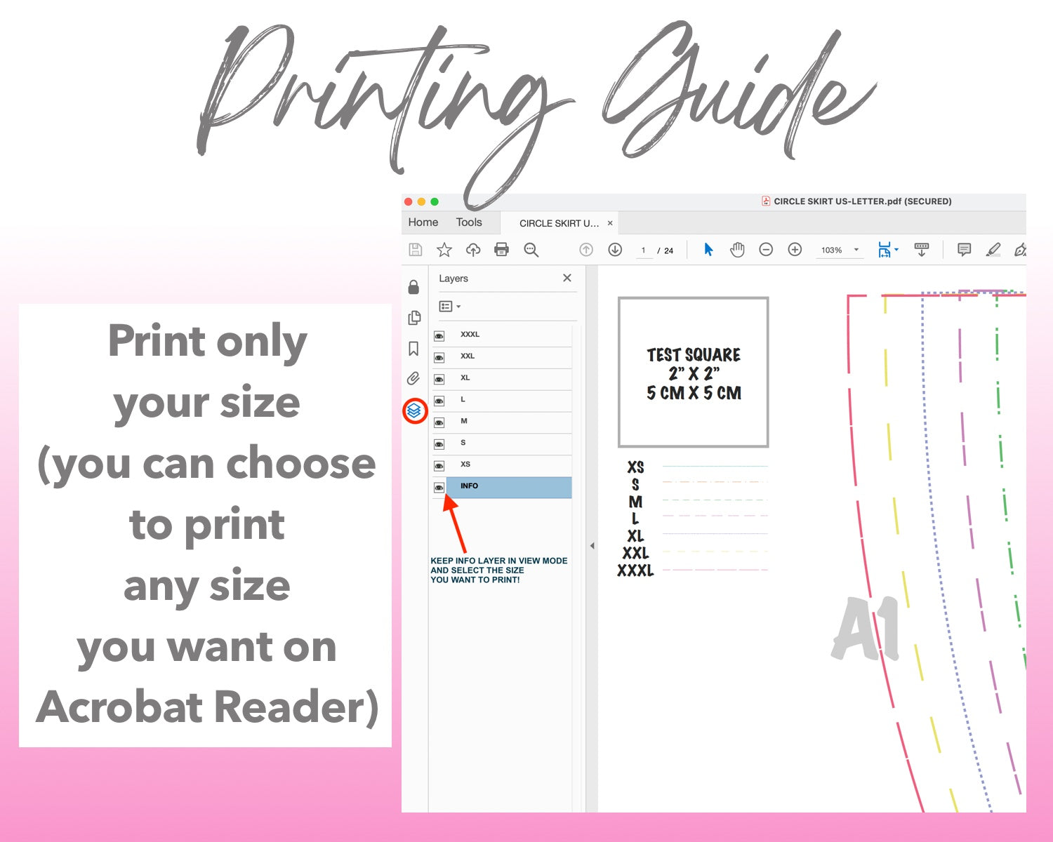 Circle Skirt sewing pattern printing guide.