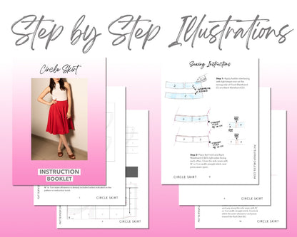 Circle Skirt sewing pattern step by step illustrations.