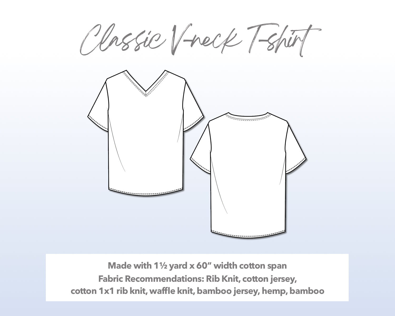 Illustration and detailed description for Classic V-Neck T-Shirt sewing pattern.