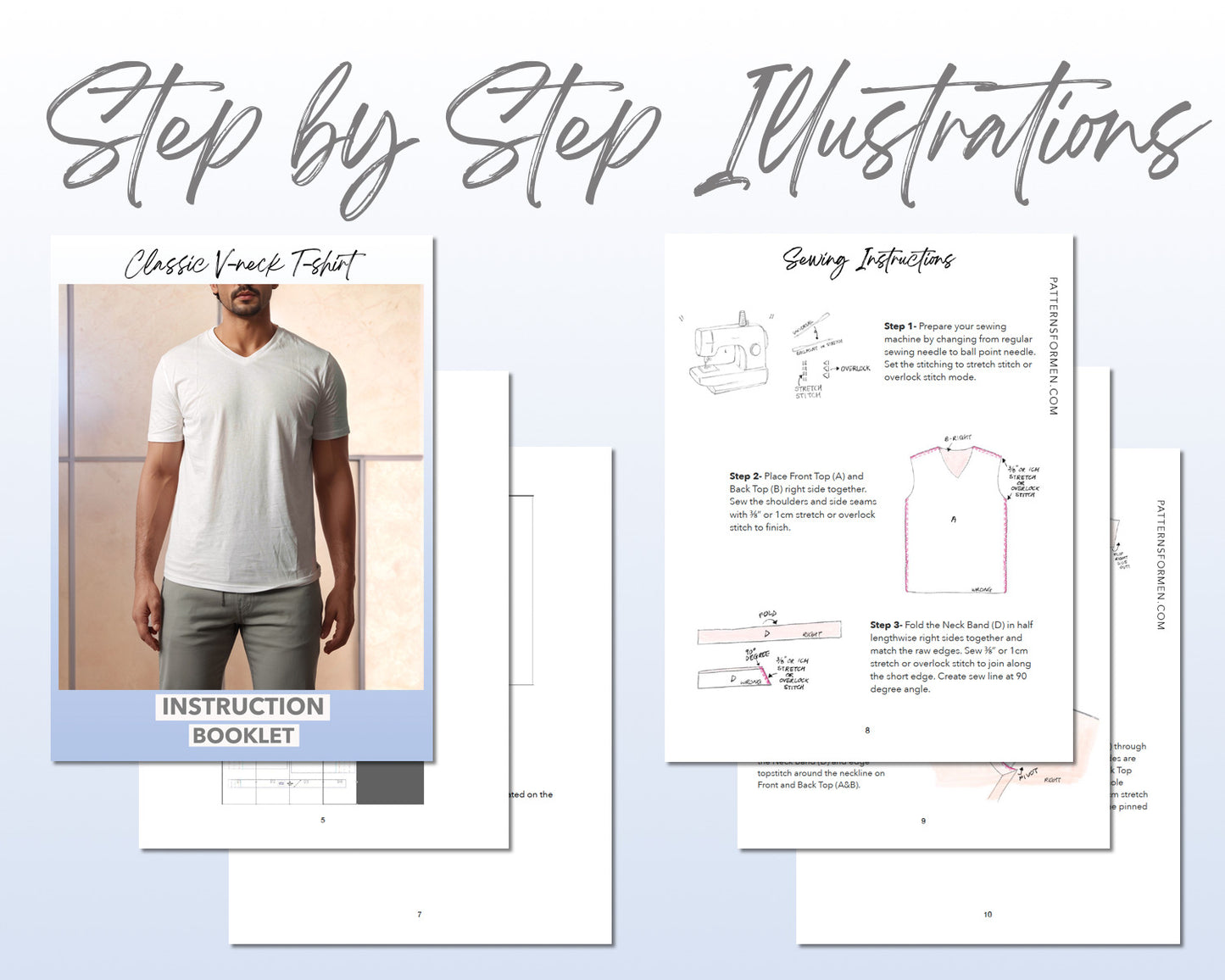 Classic V-Neck T-Shirt sewing pattern step by step illustrations.