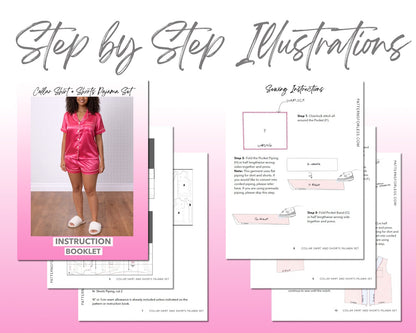 Collar Shirt and Shorts Pajama Set sewing pattern instruction booklet showing step by step illustrations to make the garment.