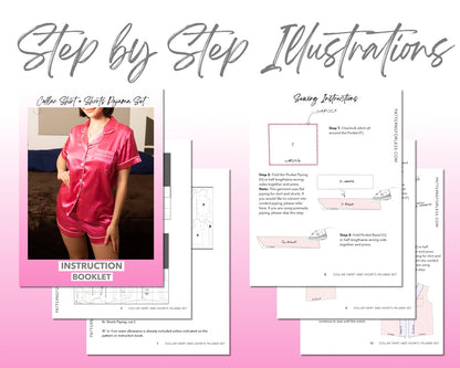 Collar Shirt And Shorts Pajama Set sewing pattern step by step illustrations.