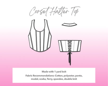 Illustration and detailed description for Corset Halter Top sewing pattern.