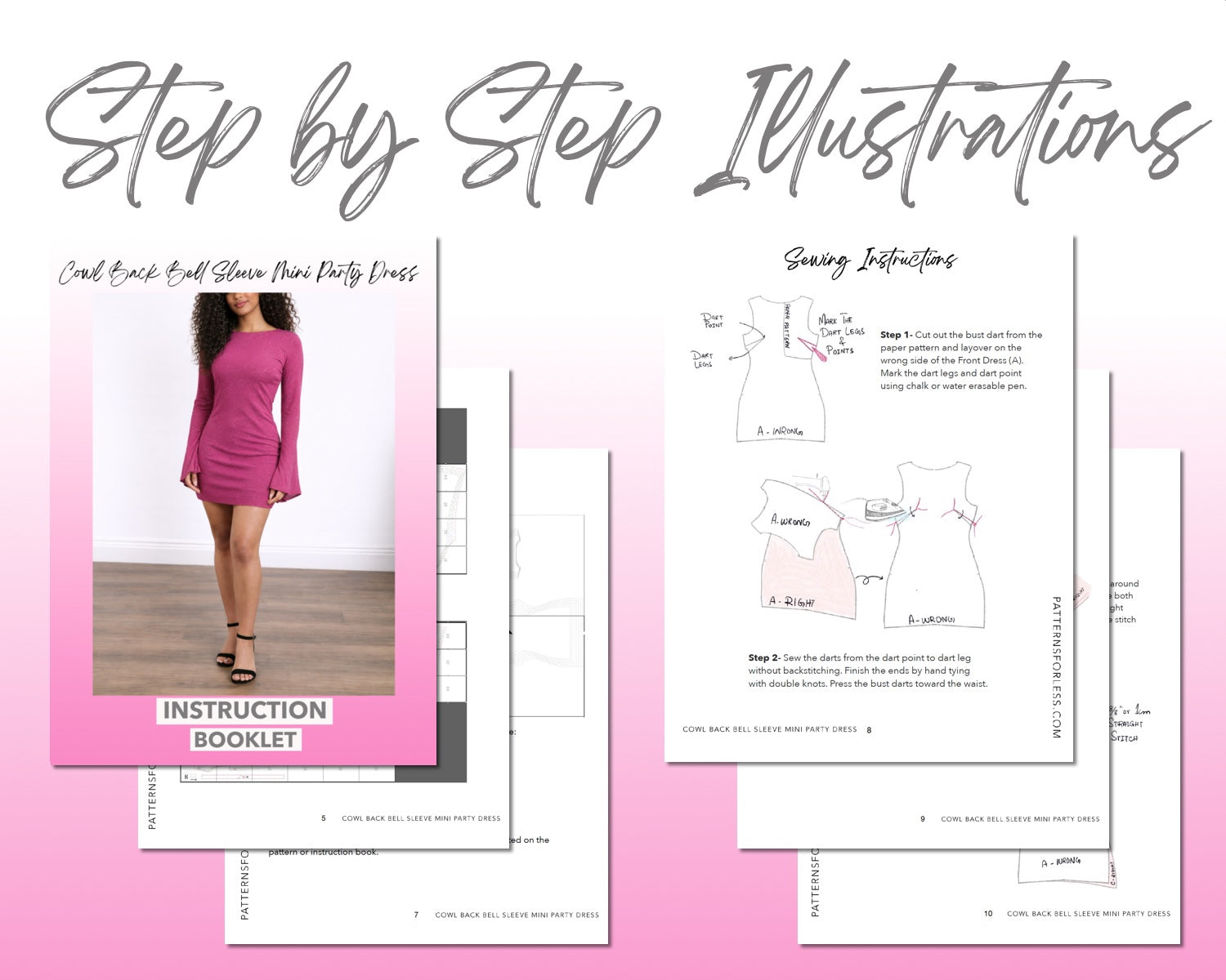 Cowl Back Bell Sleeve Mini Party Dress Sewing Pattern Patterns For Less Cowl Back Bell Sleeve Mini Party Dress Sewing Pattern Patterns For Less