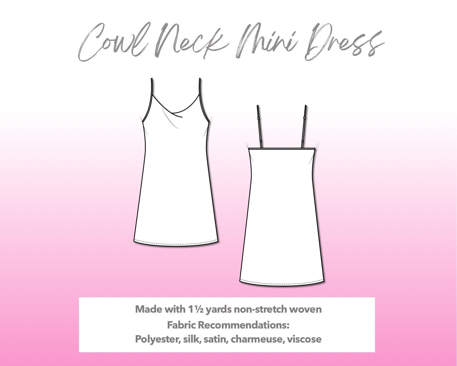 Illustration and detailed description for Cowl Neck Mini Dress sewing pattern.