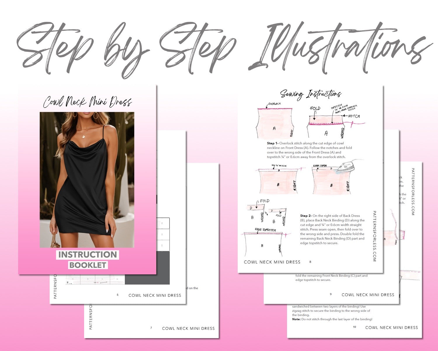 Cowl Neck Mini Dress sewing pattern step by step illustrations.