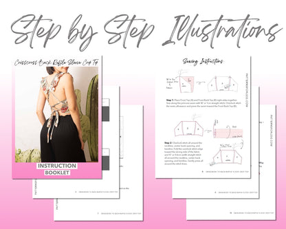 Crisscross Tie Back Ruffle Sleeve Crop Top sewing pattern step by step illustrations.