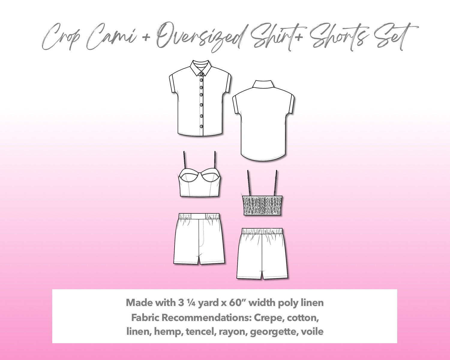 Illustration and detailed description for Crop Cami Oversized Shirt Shorts Set sewing pattern.