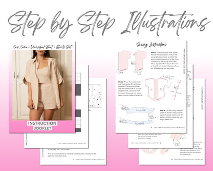 Crop Cami Oversized Shirt Shorts Set sewing pattern step by step illustrations.