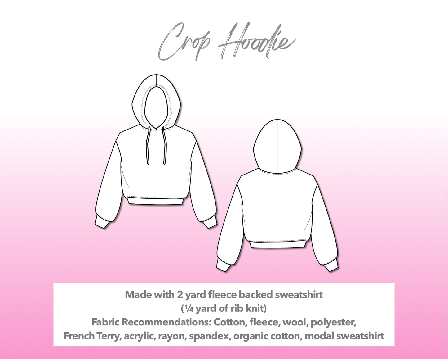 Illustration and detailed description for Crop Hoodie sewing pattern.