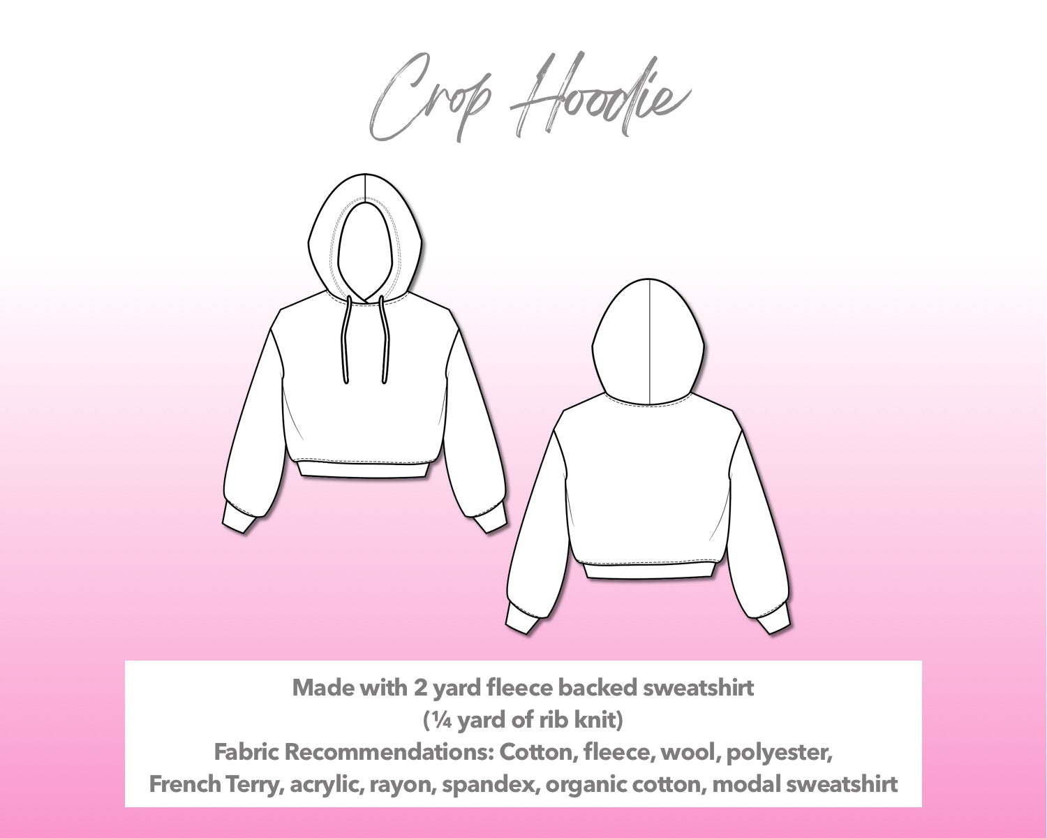 Illustration and detailed description for Crop Hoodie sewing pattern.