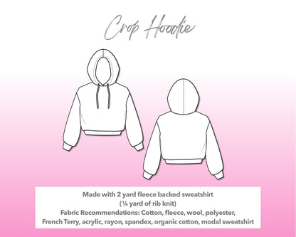 Illustration and detailed description for Crop Hoodie sewing pattern.