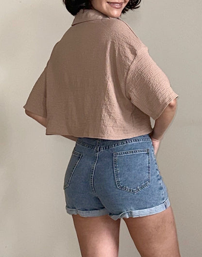 Back side view of Crop Oversized Shirt.