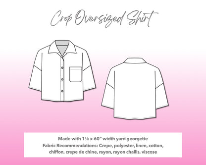 Illustration and detailed description for Crop Oversized Shirt sewing pattern.