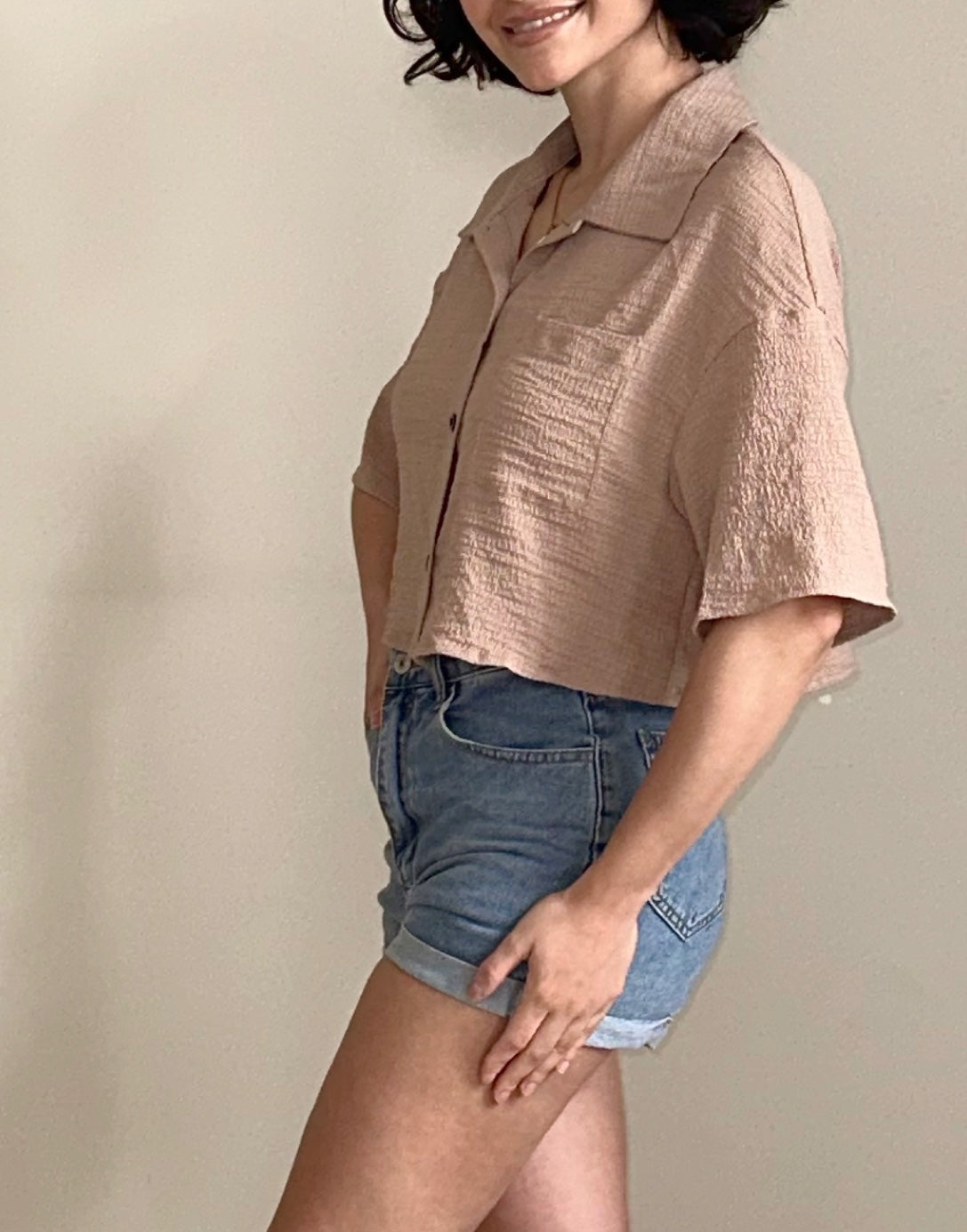 Side view of Crop Oversized Shirt.