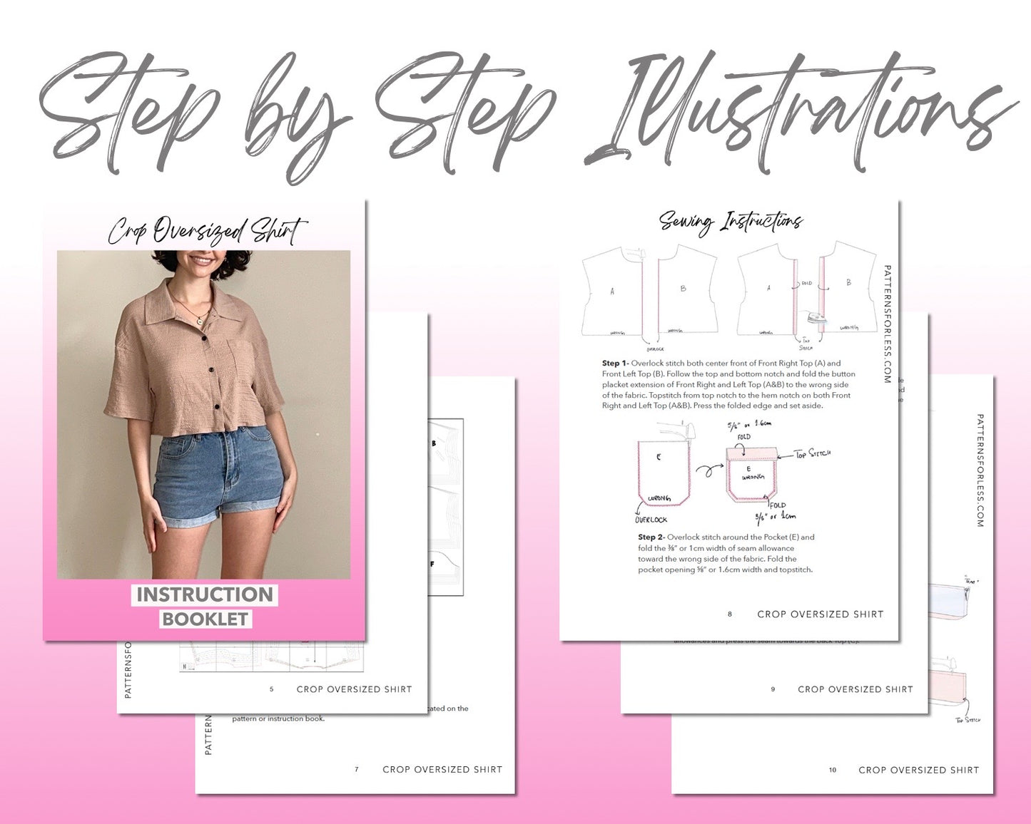 Crop Oversized Shirt sewing pattern step by step illustrations.