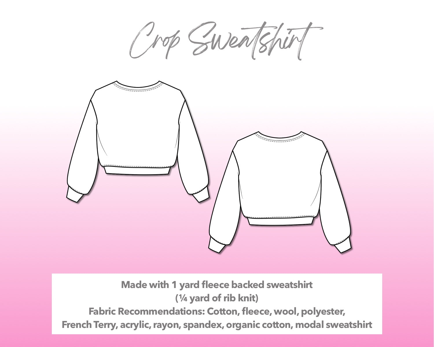 Illustration and detailed description for Crop Sweatshirt sewing pattern.