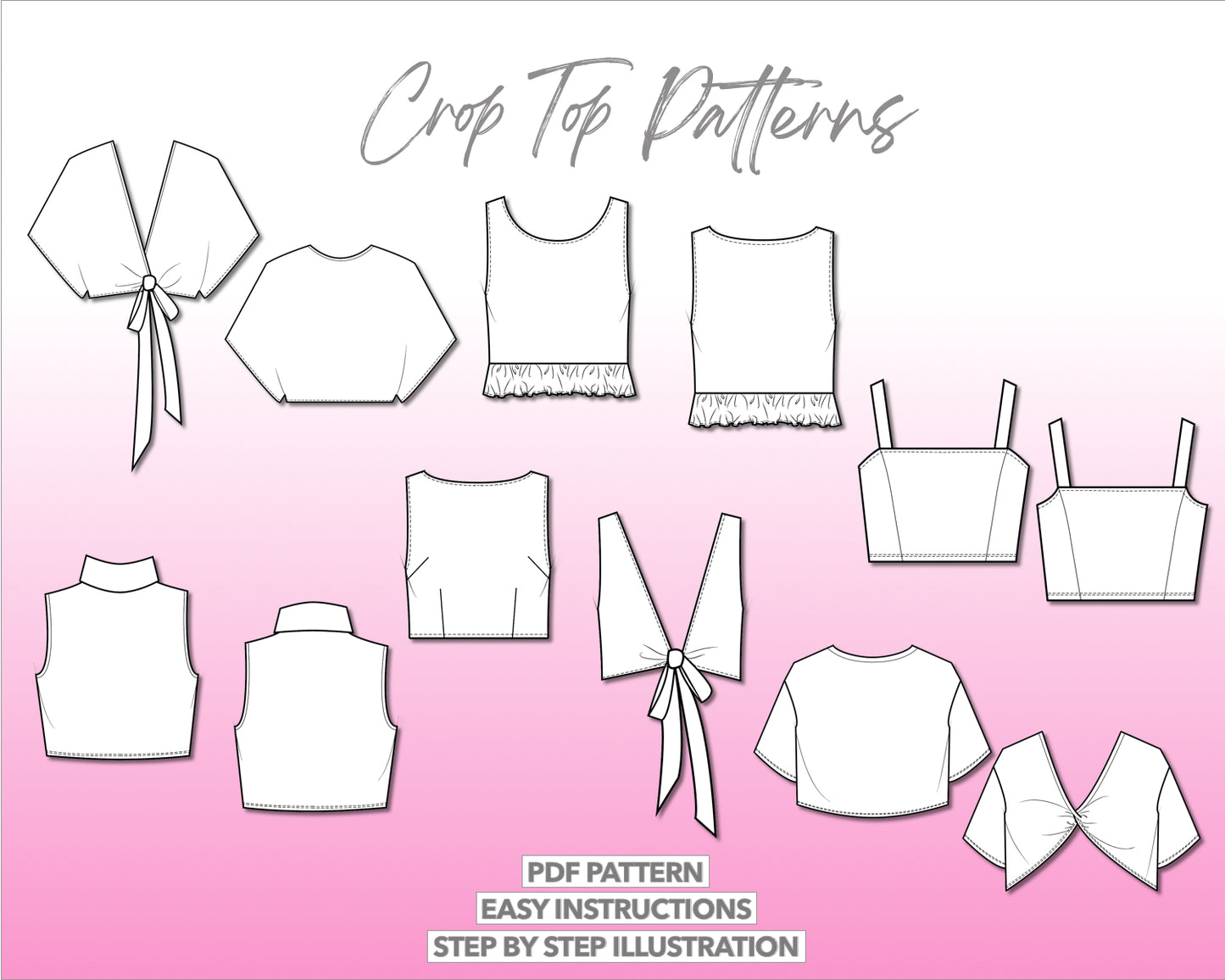 Illustration and detailed description for Crop Top sewing patterns.