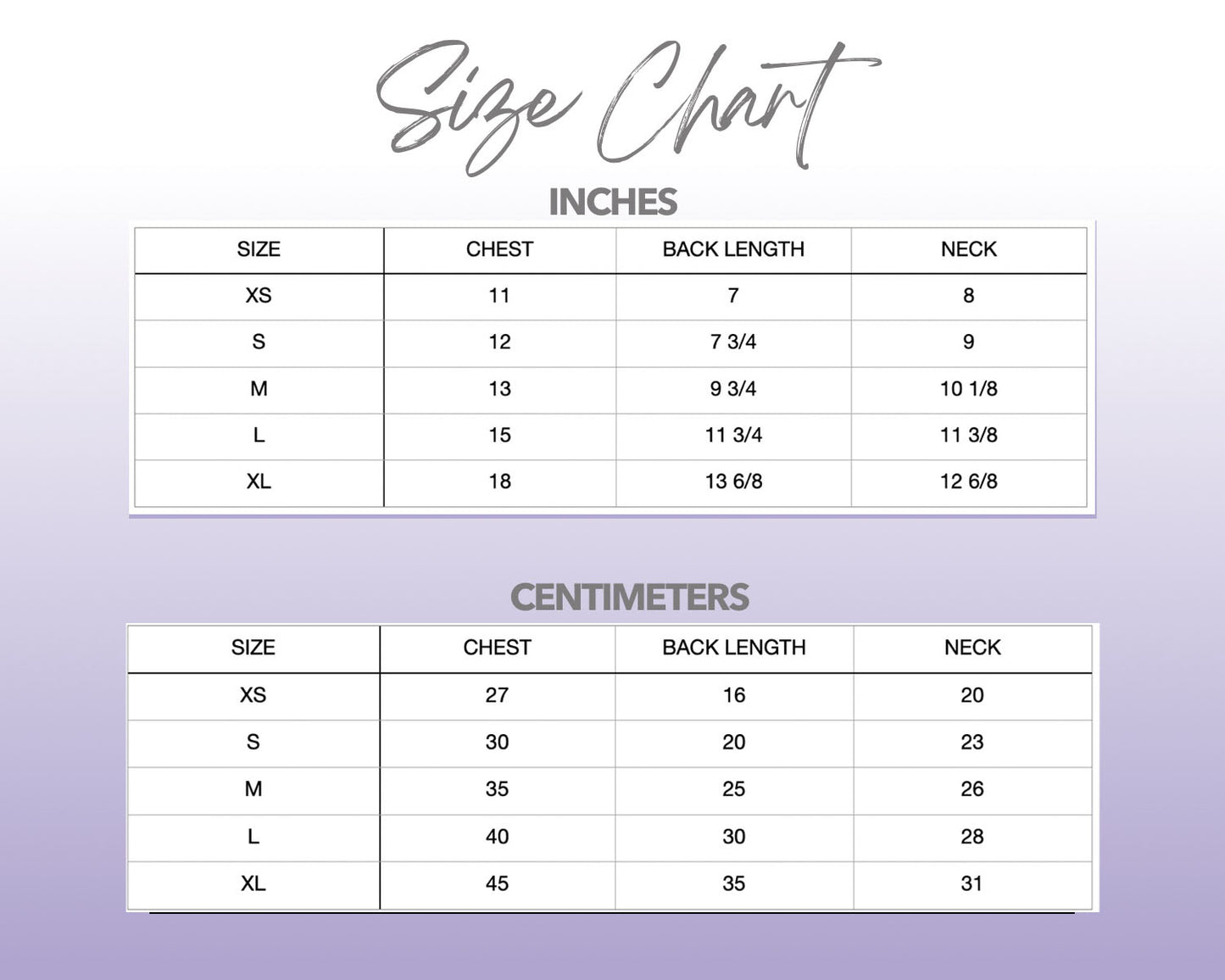 Patterns For Petz dog size chart.