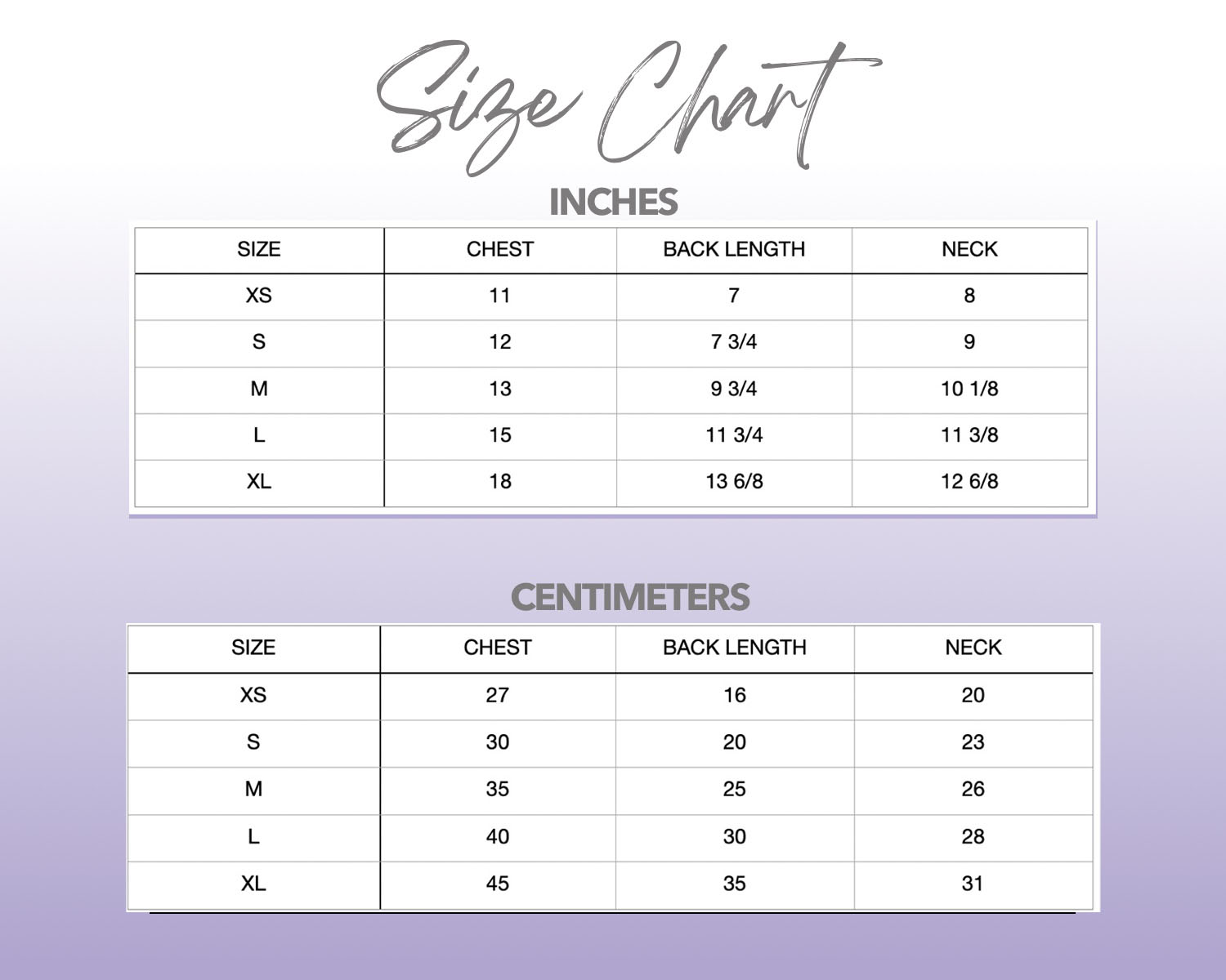 Patterns For Petz dog size chart.