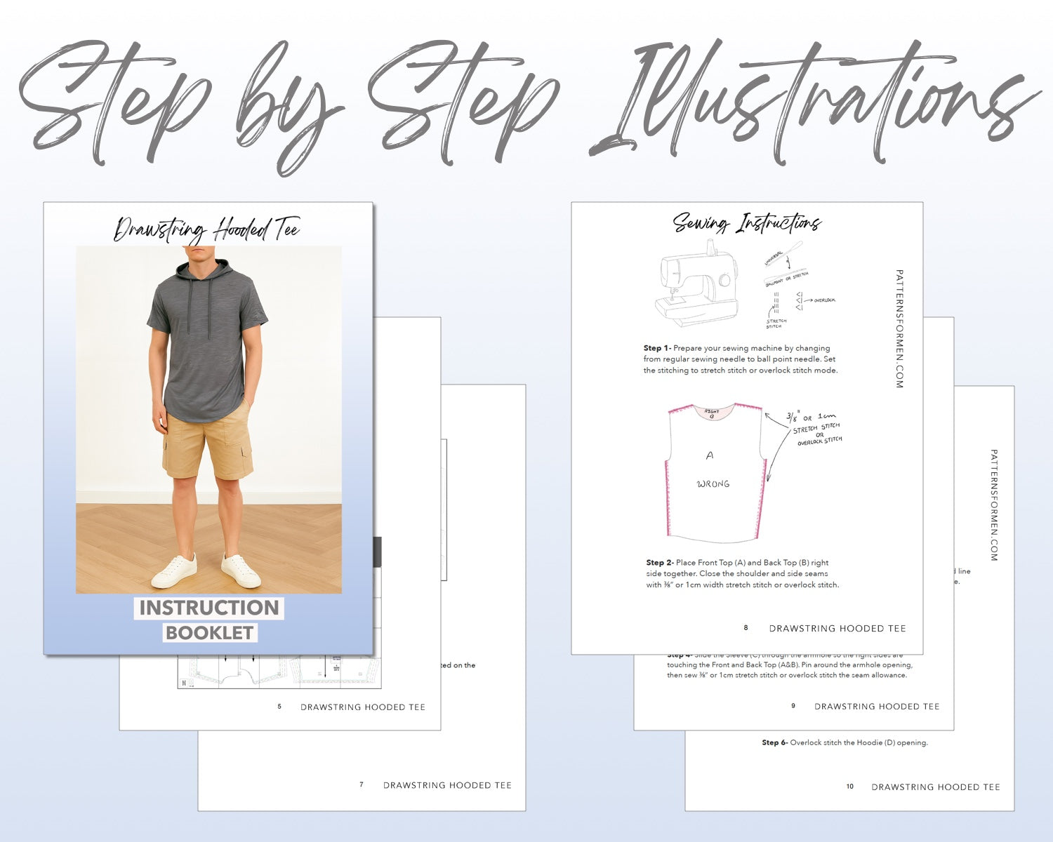 Drawstring Hooded Tee sewing pattern instruction booklet showing step by step illustrations to make the garment.