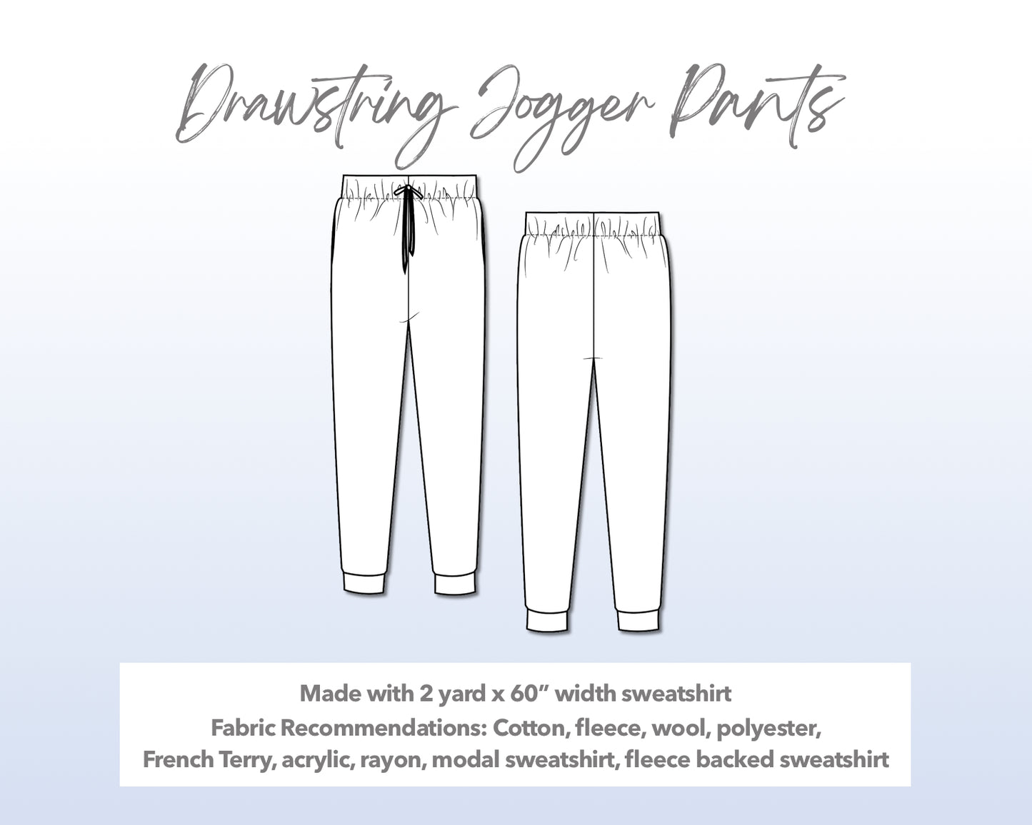 Illustration and detailed description for Drawstring Jogger Pants sewing pattern.