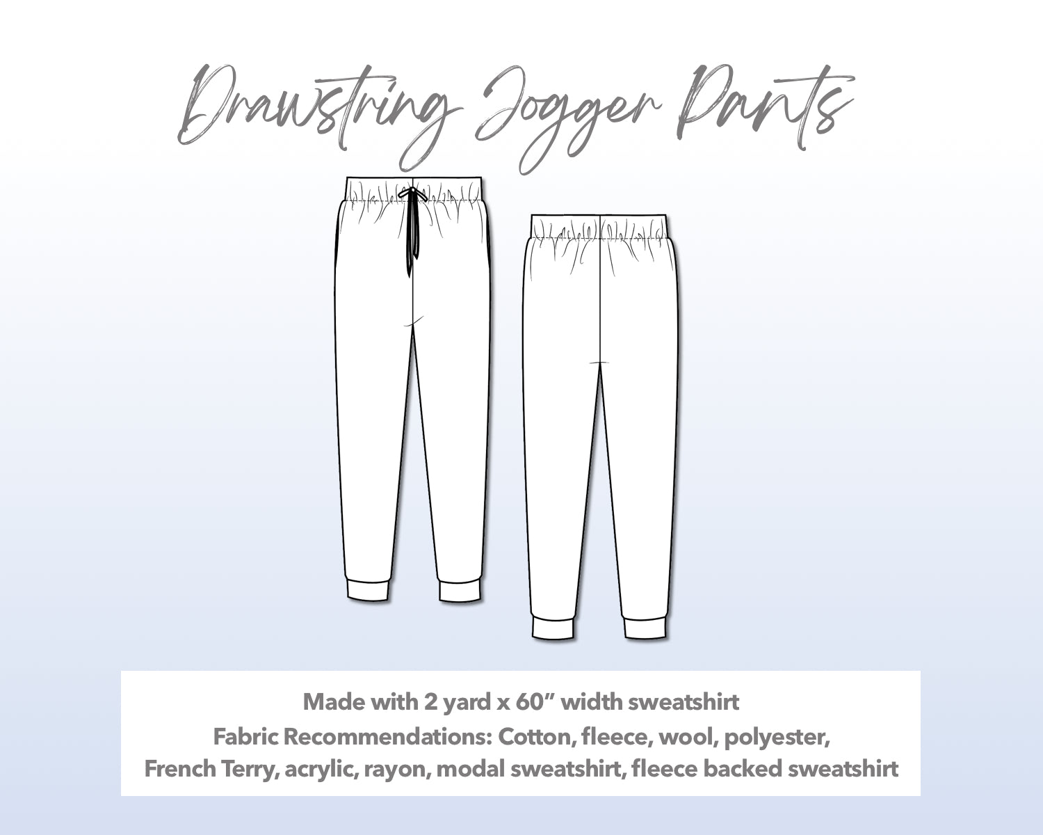 Illustration and detailed description for Drawstring Jogger Pants sewing pattern.