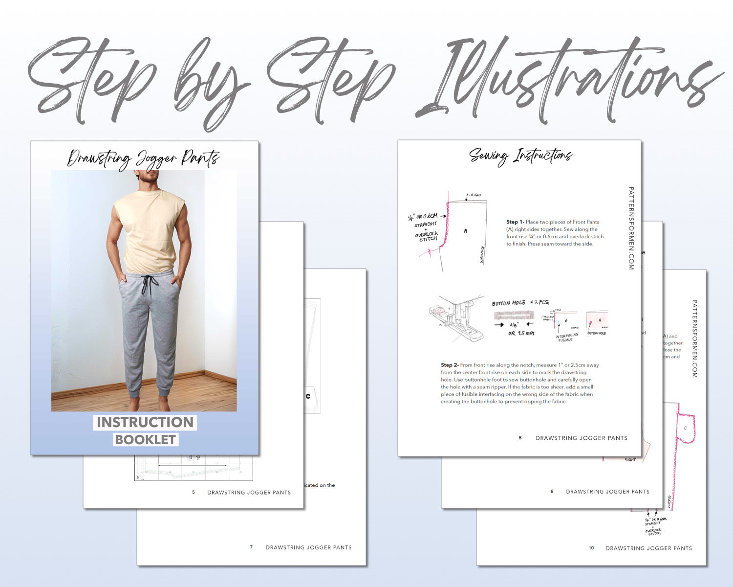 Drawstring Jogger Pants sewing pattern step by step illustrations.