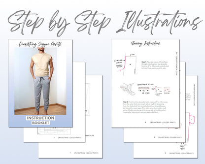 Drawstring Jogger Pants sewing pattern step by step illustrations.