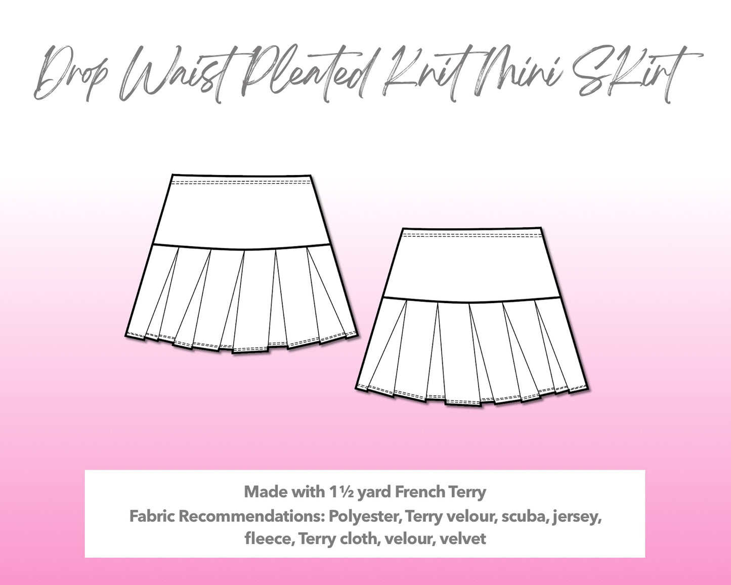 Illustration and detailed description for Drop Waist Pleated Mini Skirt sewing pattern.