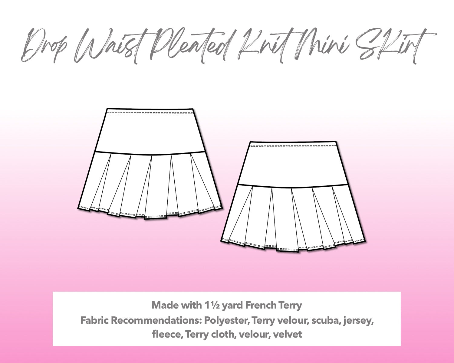 Illustration and detailed description for Drop Waist Pleated Mini Skirt sewing pattern.