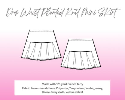 Illustration and detailed description for Drop Waist Pleated Mini Skirt sewing pattern.