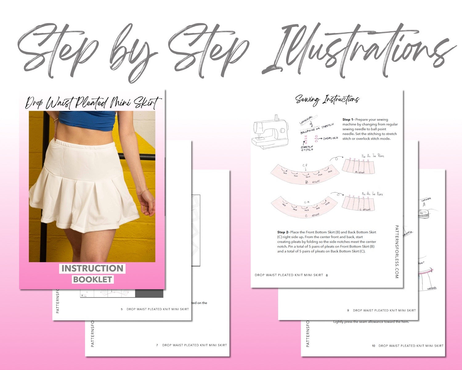 Drop Waist Pleated Mini Skirt sewing pattern step by step illustrations.