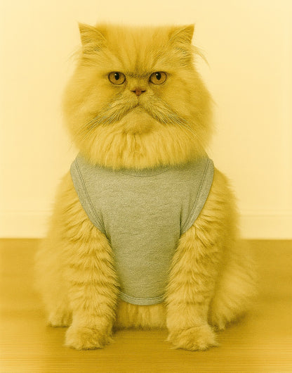 Cat wearing a gray knit tank top against a yellow background