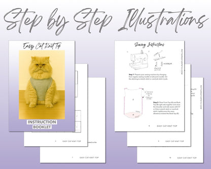 Easy Cat Knit Top sewing pattern instruction booklet showing step by step illustrations to make the garment.