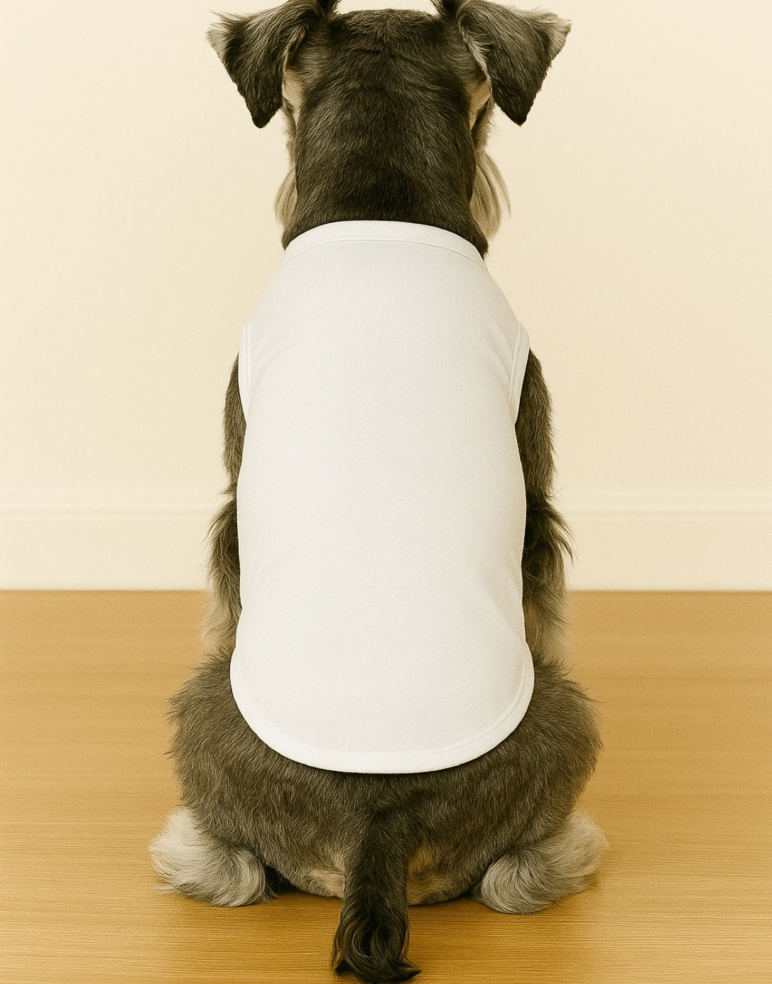 Back view of dog wearing a white knit t-shirt sitting on a wooden floor with a beige wall background