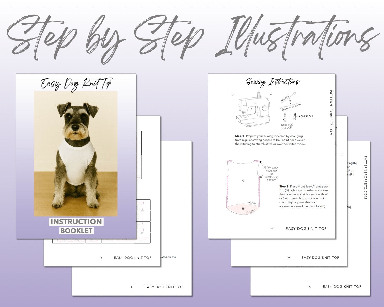 Easy Dog Knit Top sewing pattern instruction booklet showing step by step illustrations to make the garment.
