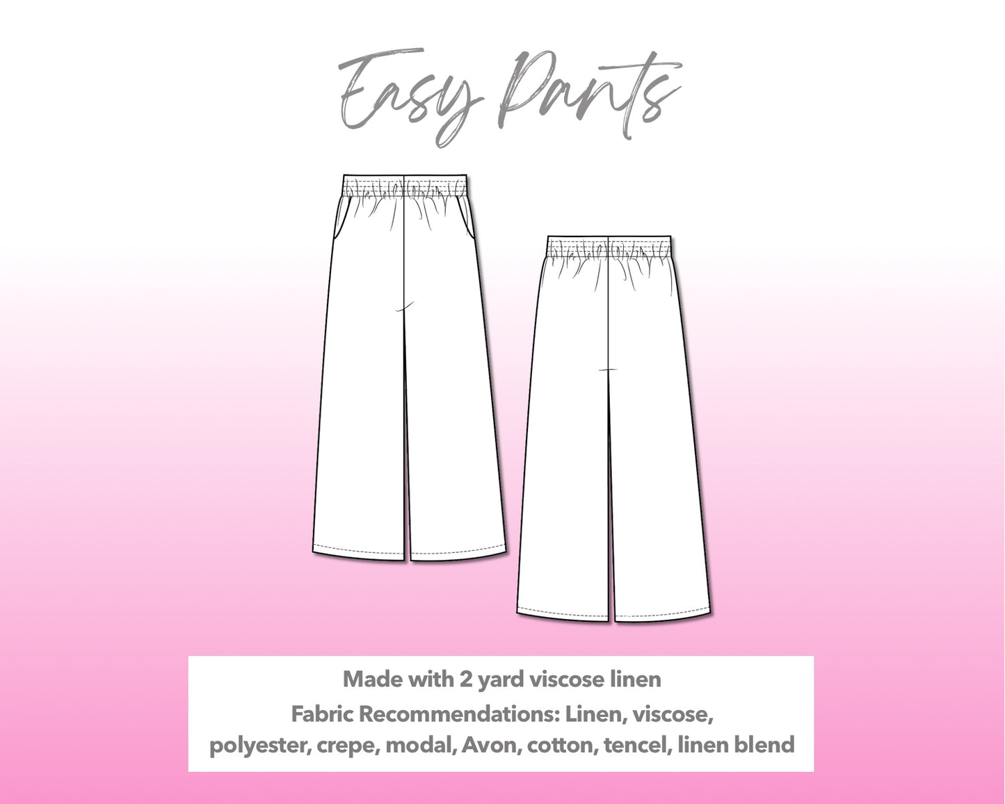 Illustration and detailed description for Easy Pants sewing pattern.