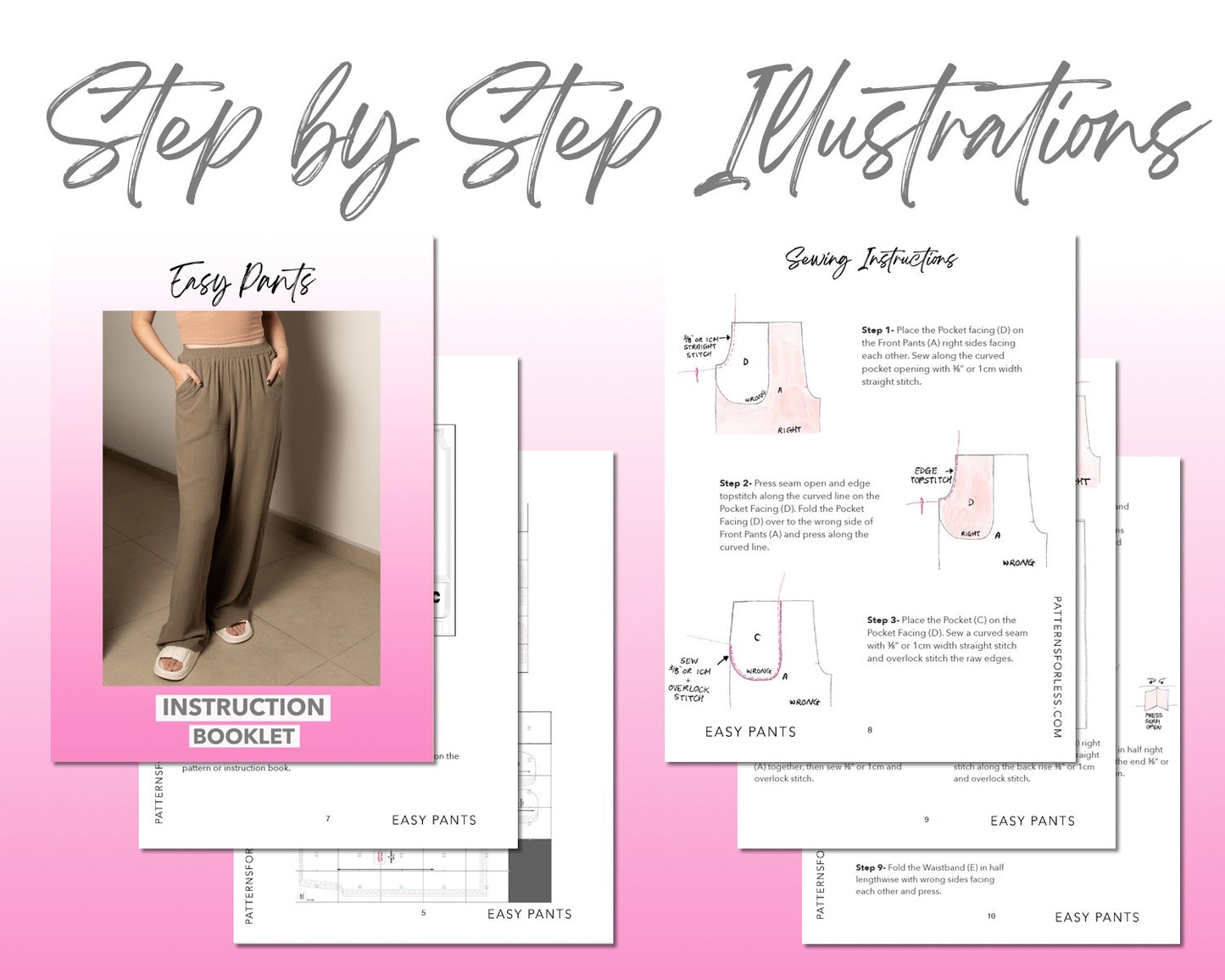 Easy Pants sewing pattern step by step illustrations.