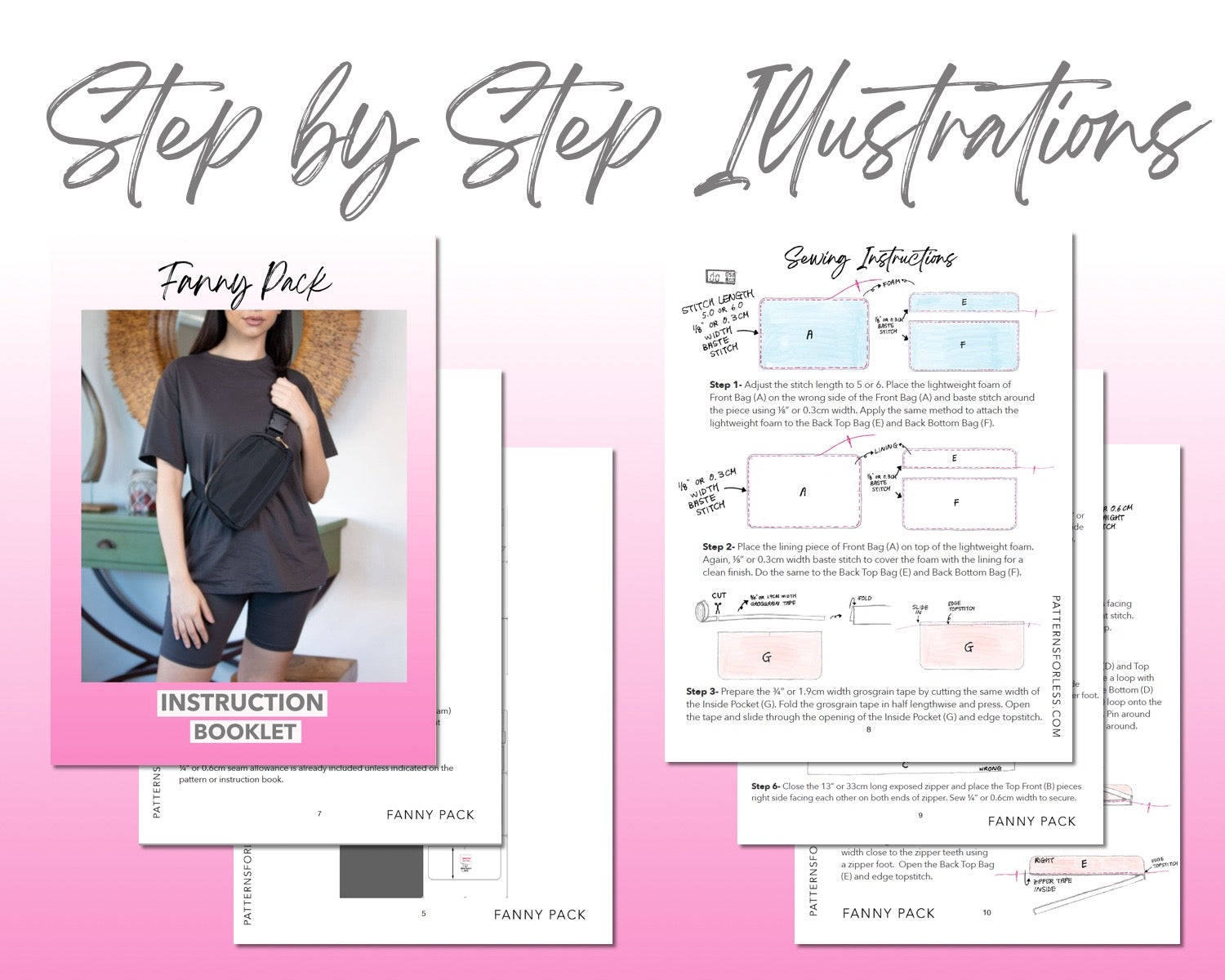 Fanny Pack sewing pattern step by step illustrations.