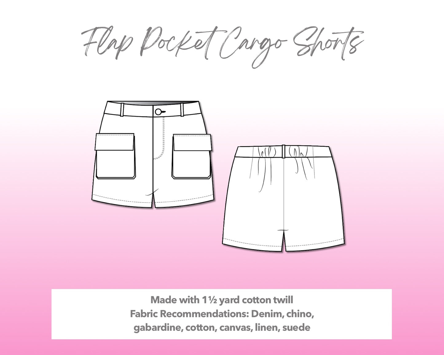 Illustration and detailed description for Flap Pocket Cargo Shorts sewing pattern.