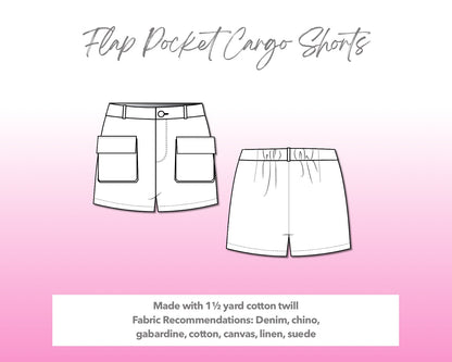 Illustration and detailed description for Flap Pocket Cargo Shorts sewing pattern.