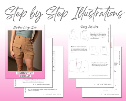 Flap Pocket Cargo Shorts sewing pattern step by step illustrations.