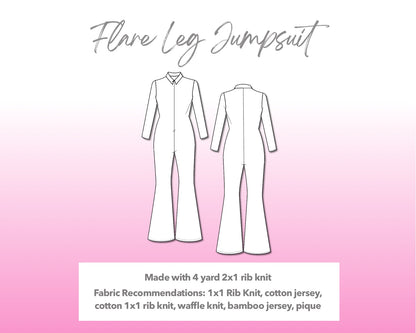 Illustration and detailed description for Flare Leg Jumpsuit sewing pattern.