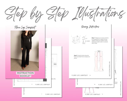 Flare Leg Jumpsuit sewing pattern step by step illustrations.