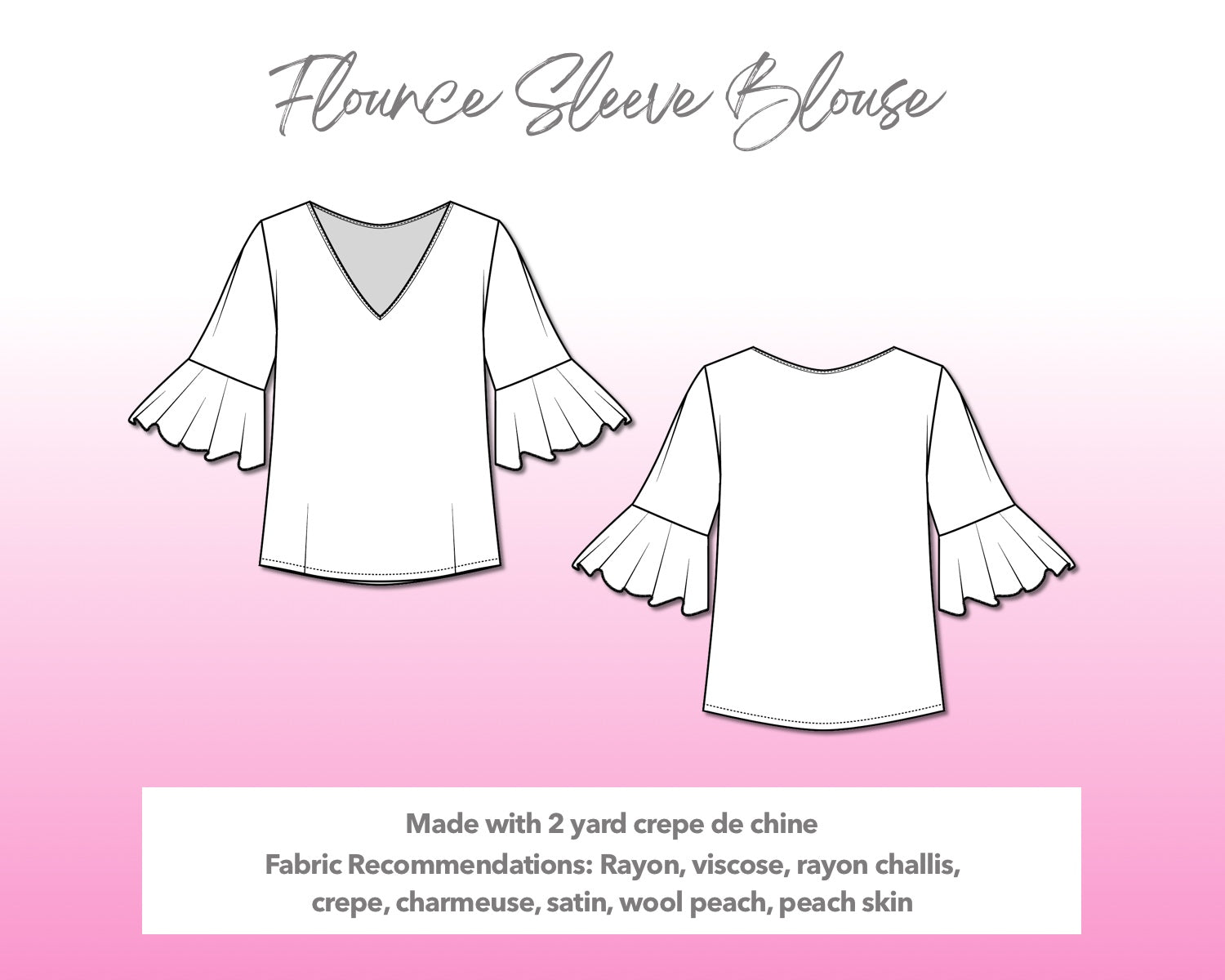 Illustration and detailed description for Flounce Sleeve Blouse sewing pattern.