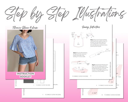 Flounce Sleeve Blouse sewing pattern step by step illustrations.