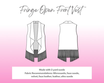 Illustration and detailed description for Fringe Open Front Vest sewing pattern.