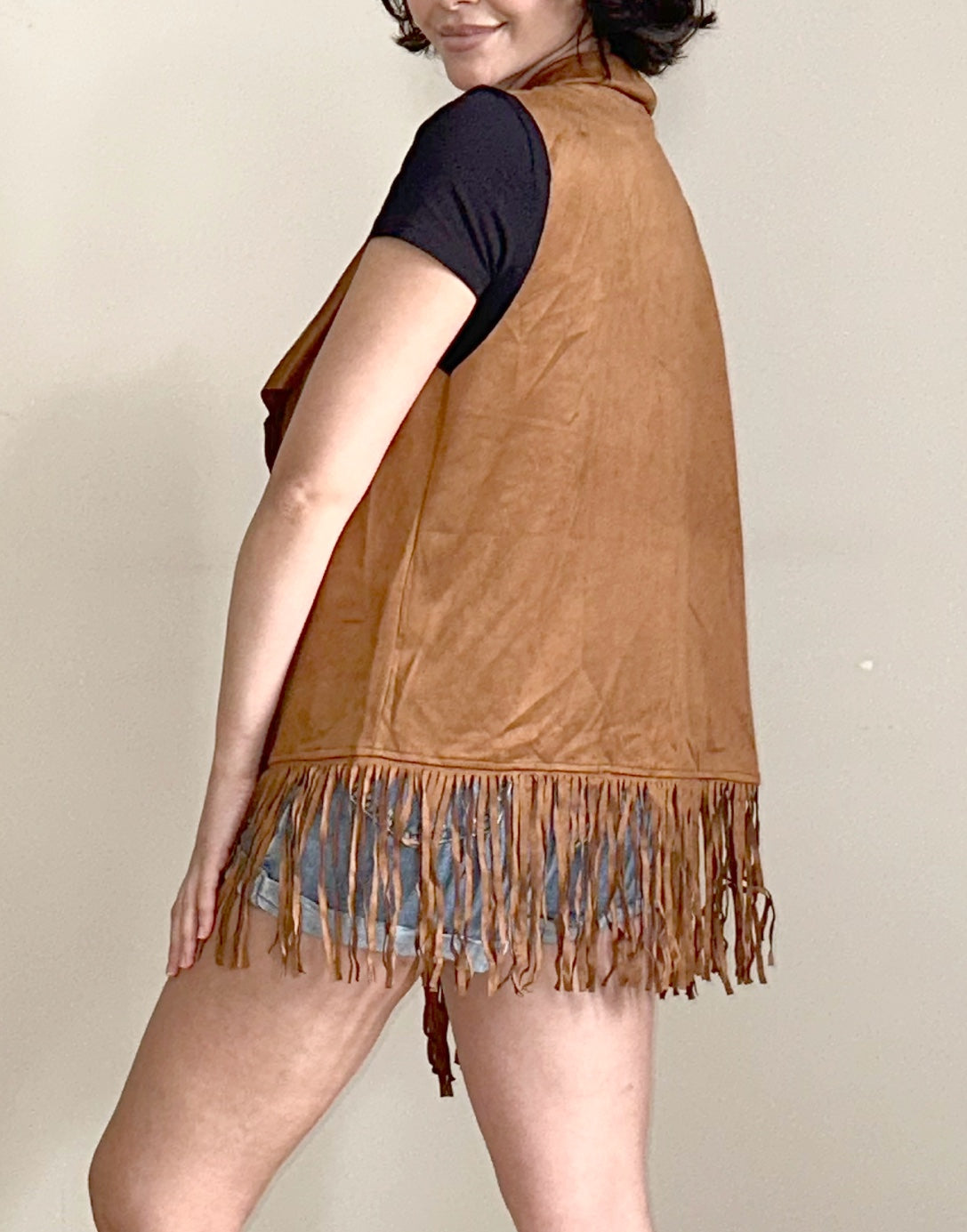 Side view of Fringe Open Front Vest.